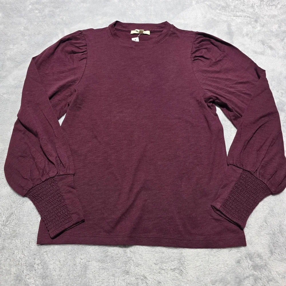 Madewell Women XXS Burgundy Puff‎ Sleeve Smocked Cuff Soft Slub Cotton Top